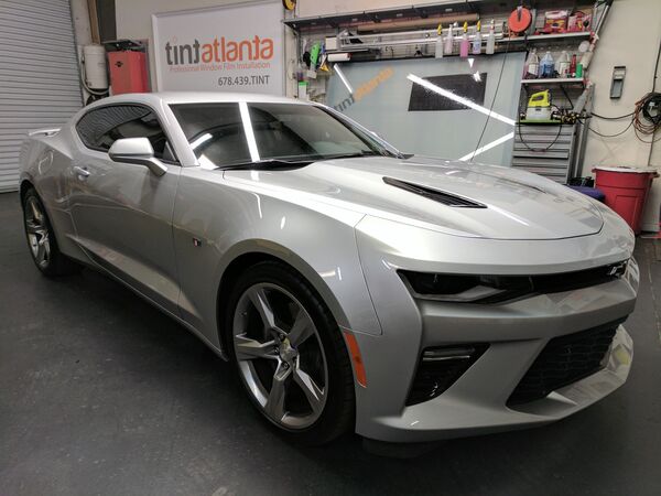 Silver Chevrolet Camaro SS with dark window tint installation Philadelphia